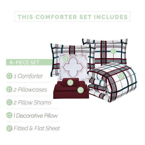 Elegant Comfort 8-teiliges Lodge Plaid Wende-Bettwäsche-Set – seidig weiches Komplett-Set beinhaltet Bettlaken-Set mit doppelseitigen Aufbewahrungstaschen, Twin/Twin XL, Burgunderrot
