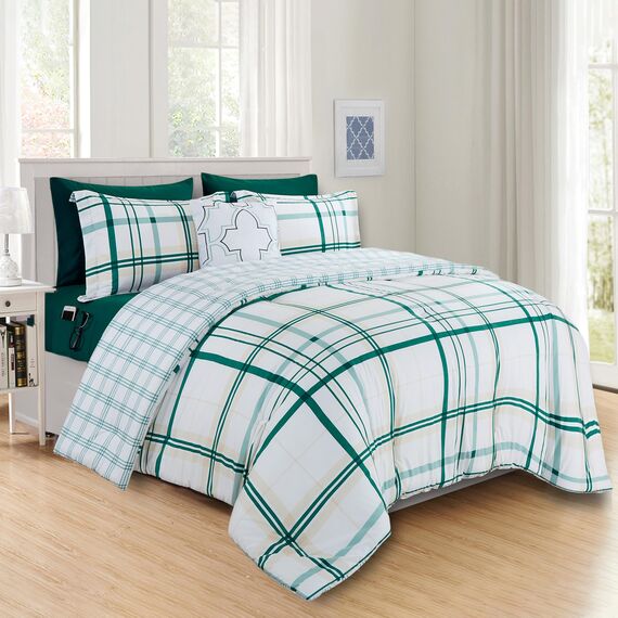 Elegant Comfort 8-teiliges Lodge Plaid Wende-Bettwäsche-Set – seidig weiches Komplett-Set beinhaltet Bettlaken-Set mit doppelseitigen Aufbewahrungstaschen, Twin/Twin XL, Smaragdgrün