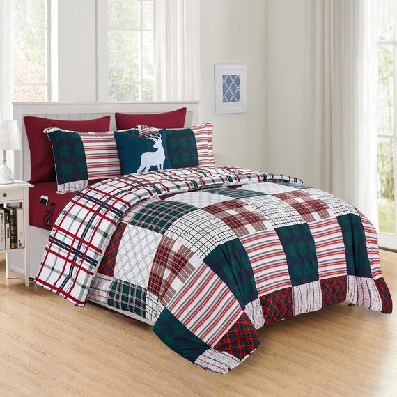 Elegant Comfort 8-teiliges Wende-Bettwäsche-Set mit Cabin Patch – seidig weiches Komplett-Set beinhaltet Bettlaken-Set mit doppelseitigen Aufbewahrungstaschen, Twin/Twin XL, Burgunderrot