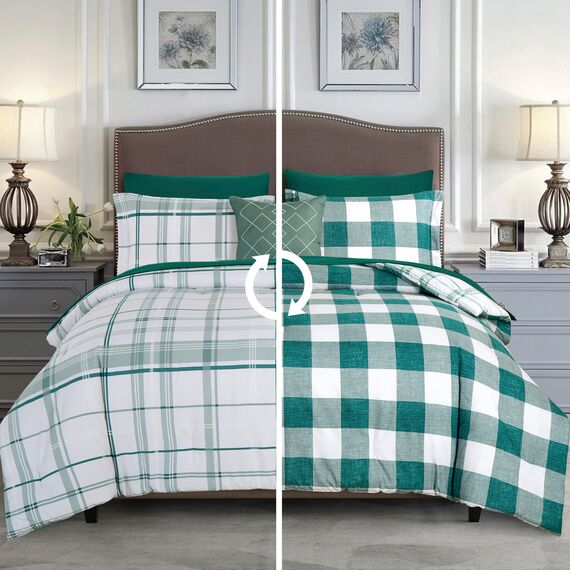 Elegant Comfort 8-teiliges Lodge Plaid Wende-Bettwäsche-Set – seidig weiches Komplett-Set beinhaltet Bettlaken-Set mit doppelseitigen Aufbewahrungstaschen, Twin/Twin XL, Salbeigrün