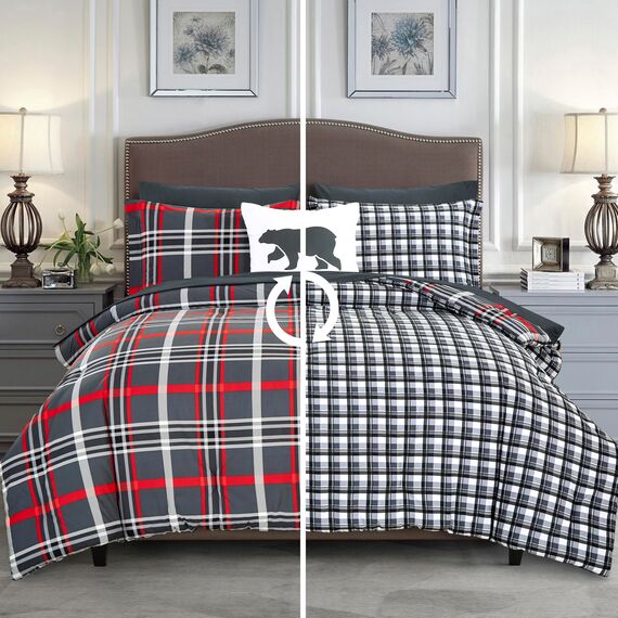 Elegant Comfort 8-teiliges Lodge wendbares Bettdecken-Set mit kariertem Muster, seidig weiches Komplett-Set mit doppelseitigen Aufbewahrungstaschen, Twin/Twin XL, Grau