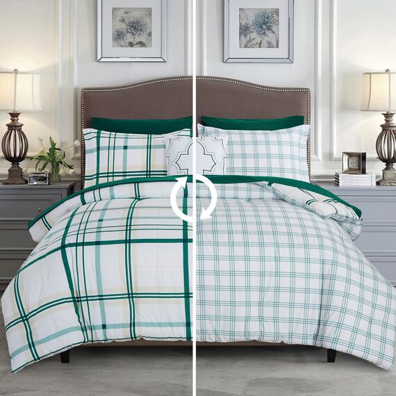 Elegant Comfort 8-teiliges Lodge Plaid Wende-Bettwäsche-Set – seidig weiches Komplett-Set beinhaltet Bettlaken-Set mit doppelseitigen Aufbewahrungstaschen, Twin/Twin XL, Smaragdgrün