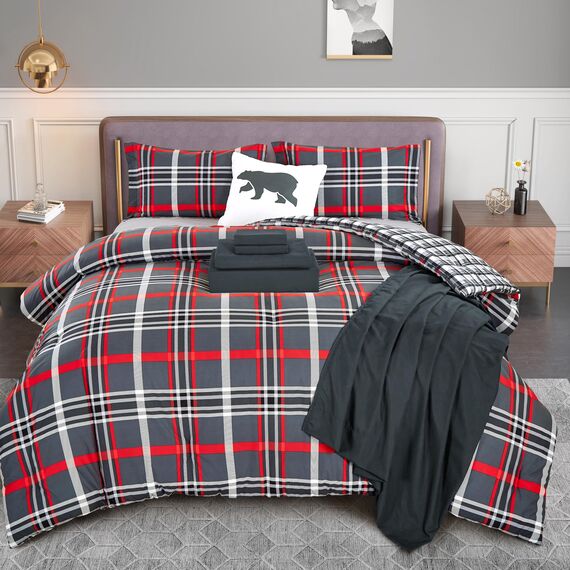 Elegant Comfort 8-teiliges Lodge wendbares Bettdecken-Set mit kariertem Muster, seidig weiches Komplett-Set mit doppelseitigen Aufbewahrungstaschen, Twin/Twin XL, Grau