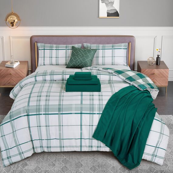 Elegant Comfort 8-teiliges Lodge Plaid Wende-Bettwäsche-Set – seidig weiches Komplett-Set beinhaltet Bettlaken-Set mit doppelseitigen Aufbewahrungstaschen, Twin/Twin XL, Salbeigrün