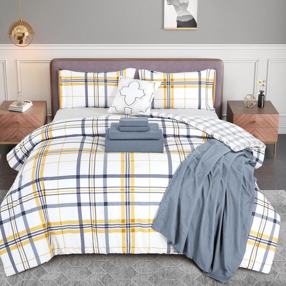 Elegant Comfort Luxuriöses Biesen-Design mit Doppelnadelnähten verhindert, DASS Sich die Füllung verschiebt und bündelt, Mikrofaser, kariert, goldfarben, Twin/Twin XL