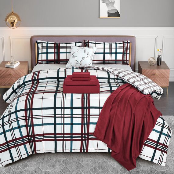 Elegant Comfort 8-teiliges Lodge Plaid Wende-Bettwäsche-Set – seidig weiches Komplett-Set beinhaltet Bettlaken-Set mit doppelseitigen Aufbewahrungstaschen, Twin/Twin XL, Burgunderrot