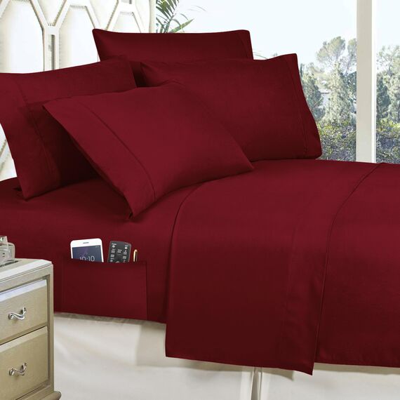 Elegant Comfort 8-teiliges Wende-Bettwäsche-Set mit Kabinenaufnäher – seidig weiches Komplett-Set beinhaltet Bettlaken-Set mit doppelseitigen Aufbewahrungstaschen, Full/Queen, Burgunderrot