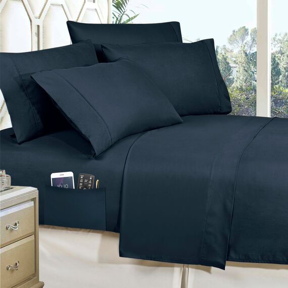 Elegant Comfort Luxuriöses, weiches, gemütliches, 8-teiliges Bettwäsche-Set für Betten mit Bettlaken-Set mit doppelseitigen Aufbewahrungstaschen, Full/Queen-Size-Bett, Marineblau