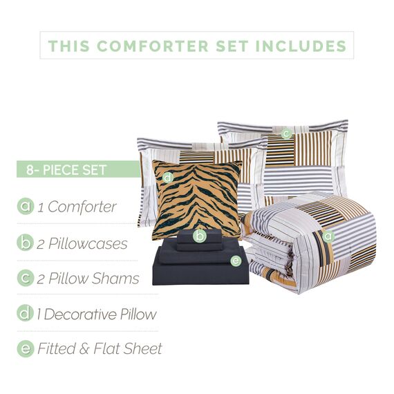 Elegant Comfort 8-teiliges Wende-Bettwäsche-Set mit Tierdruck, seidig weiches Komplett-Set mit doppelseitigen Aufbewahrungstaschen, Doppelbettgröße, goldfarben