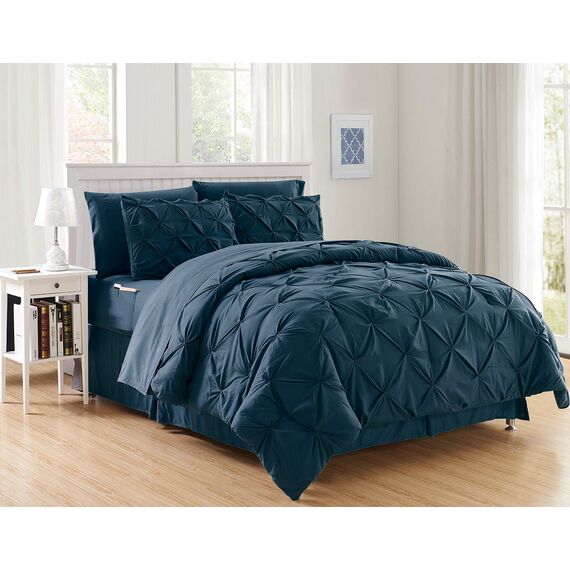 Elegant Comfort Luxuriöses, weiches, gemütliches, 8-teiliges Bettwäsche-Set für Betten mit Bettlaken-Set mit doppelseitigen Aufbewahrungstaschen, Full/Queen-Size-Bett, Marineblau