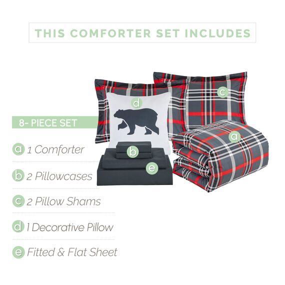 Elegant Comfort 8-teiliges Lodge Wende-Bettwäsche-Set, kariert, seidig weich, komplettes Set mit doppelseitigen Aufbewahrungstaschen, Doppelbettgröße, Grau