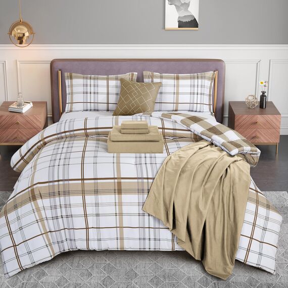 Elegant Comfort 8-teiliges Lodge wendbares Bettdecken-Set mit kariertem Karomuster, seidig weiches Komplett-Set mit doppelseitigen Aufbewahrungstaschen, King/Cal-King-Size-Bett, Taupe