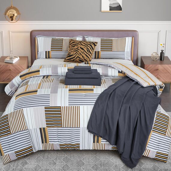 Elegant Comfort 8-teiliges Wende-Bettwäsche-Set mit Tierdruck, seidig weiches Komplett-Set mit doppelseitigen Aufbewahrungstaschen, Doppelbettgröße, goldfarben