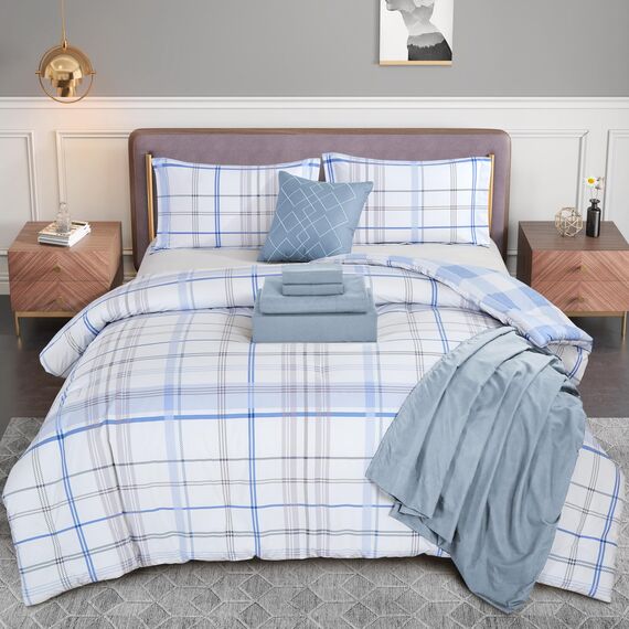 Elegant Comfort 8-teiliges Lodge Wende-Bettwäsche-Set, kariert, seidig weich, komplettes Set mit doppelseitigen Aufbewahrungstaschen, Doppelbettgröße, Aquamarin
