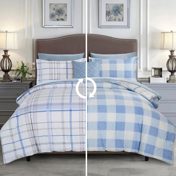 Elegant Comfort 8-teiliges Lodge Plaid Wende-Bettwäsche-Set – seidig weiches Komplett-Set beinhaltet Bettlaken-Set mit doppelseitigen Aufbewahrungstaschen, King/Cal King Size, Aqua