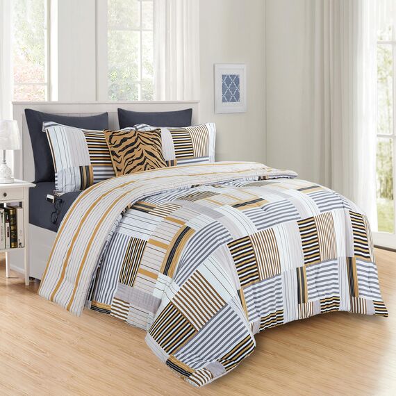 Elegant Comfort 8-teiliges Wende-Bettwäsche-Set mit Tierdruck, seidig weiches Komplett-Set mit doppelseitigen Aufbewahrungstaschen, Doppelbettgröße, goldfarben