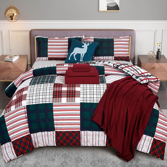 Elegant Comfort 8-teiliges Wende-Bettwäsche-Set mit Kabinenaufnäher – seidig weiches Komplett-Set beinhaltet Bettlaken-Set mit doppelseitigen Aufbewahrungstaschen, Full/Queen, Burgunderrot