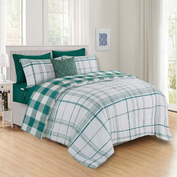 Elegant Comfort 8-teiliges Lodge Plaid Wende-Bettwäsche-Set – seidig weiches Komplett-Set beinhaltet Bettlaken-Set mit doppelseitigen Aufbewahrungstaschen, King/Cal King, Salbei