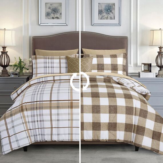 Elegant Comfort 8-teiliges Lodge wendbares Bettdecken-Set mit kariertem Karomuster, seidig weiches Komplett-Set mit doppelseitigen Aufbewahrungstaschen, King/Cal-King-Size-Bett, Taupe
