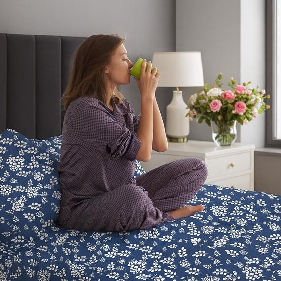 LUX Décor Bettwäsche-Set für Doppelbett, 3-teilig, weiche Mikrofaser, knitterfrei, luxuriös Bedruckte Bettlaken mit Bettlaken, Spannbetttuch mit tiefen Taschen und Kissenbezug, Marineblau