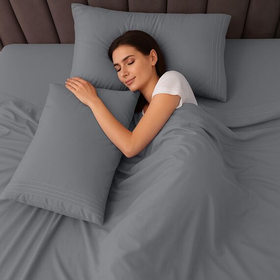 LUX Décor Bettwäsche-Set für Doppelbett, 3-teilig, gebürstete Mikrofaser, 40,6 cm tiefe Taschen, bestickter Kissenbezug, luxuriöses Hotel-Bettwäsche-Set für Doppelbetten (Dunkelgrau)