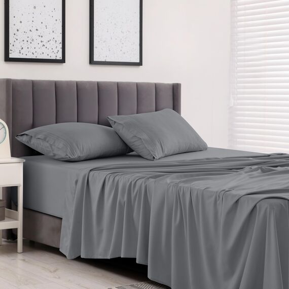 LUX Décor Bettwäsche-Set – 4-teiliges ultraweiches Mikrofaser-Bettlaken mit Bettlaken, 40,6 cm tiefem Spannbetttuch und Kissenbezügen, atmungsaktiv, Schlafzimmer-Dekor, Oeko-TEX, Dunkelgrau