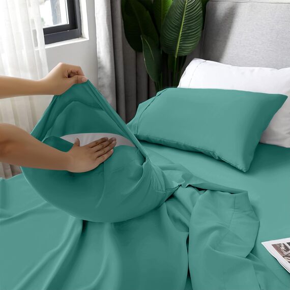 LUX Décor Bettwäsche-Set für Doppelbett, 3-teilig, gebürstete Mikrofaser, 40,6 cm tiefe Taschen, bestickter Kissenbezug, Hotel-Luxus-Bettwäsche-Set für Doppelbett, Blaugrün