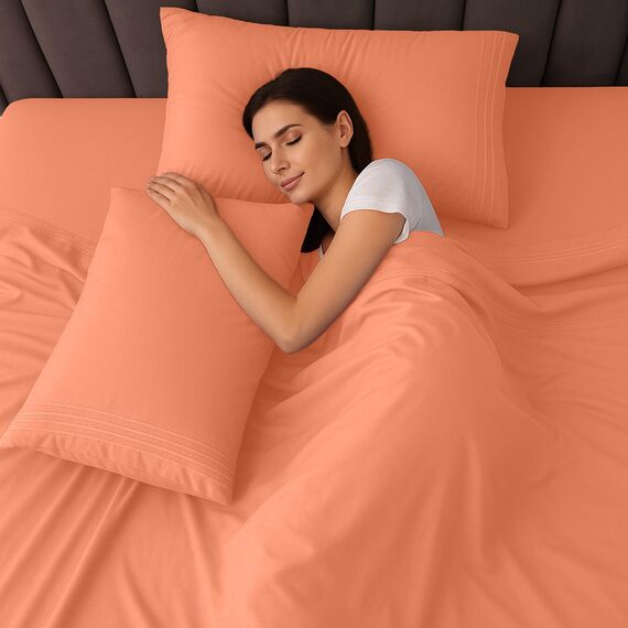 LUX Décor Bettwäsche-Set – 4-teiliges ultraweiches Mikrofaser-Bettlaken mit Bettlaken, 40,6 cm tiefem Spannbetttuch und Kissenbezügen, atmungsaktiv, Schlafzimmer-Dekor, Oeko-TEX, Korallenrot