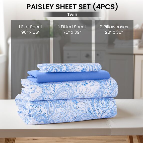 LUX Décor Paisleymuster für Doppelbett, 4-teilig, weiche Mikrofaser, knitterfrei, luxuriös Bedruckte Bettlaken mit Bettlaken, Spannbetttuch mit tiefen Taschen und 2 Kissenbezügen, Weiß/Blau