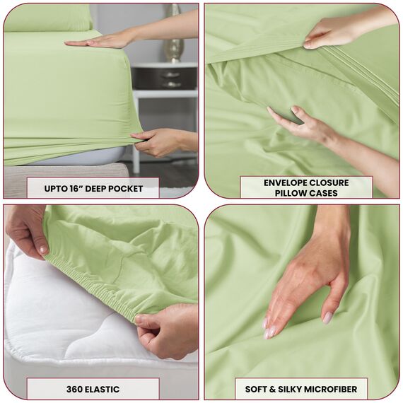 LUX Décor Bettwäsche-Set für Doppelbett, 3-teilig, ultraweiches Mikrofaser-Bettlaken mit Bettlaken, 40,6 cm tiefem Spannbetttuch und Kissenbezug, kühlend und atmungsaktiv, Hotel-Luxus, Oeko-TEX - Grün