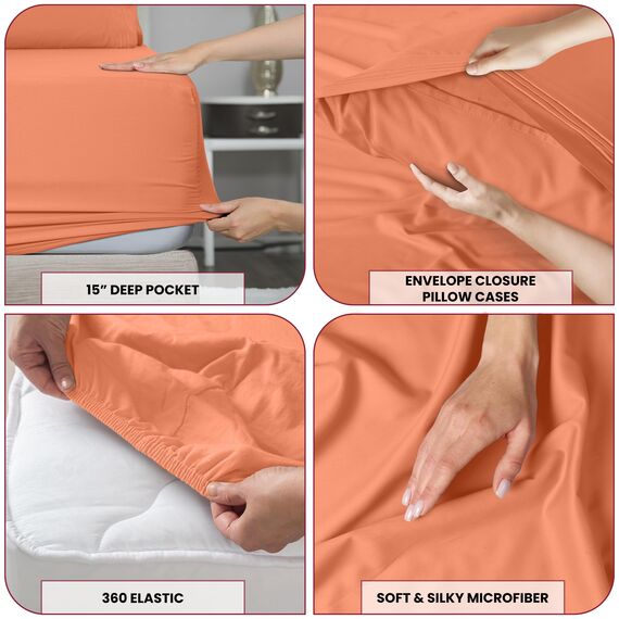 LUX Décor Bettwäsche-Set – 4-teiliges ultraweiches Mikrofaser-Bettlaken mit Bettlaken, 40,6 cm tiefem Spannbetttuch und Kissenbezügen, atmungsaktiv, Schlafzimmer-Dekor, Oeko-TEX, Korallenrot
