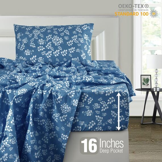 LUX Décor Bettwäsche-Set für Doppelbett, 3-teilig, weiche Mikrofaser, knitterfrei, luxuriös Bedruckte Bettlaken mit Bettlaken, Spannbetttuch mit tiefen Taschen und Kissenbezug, Marineblau