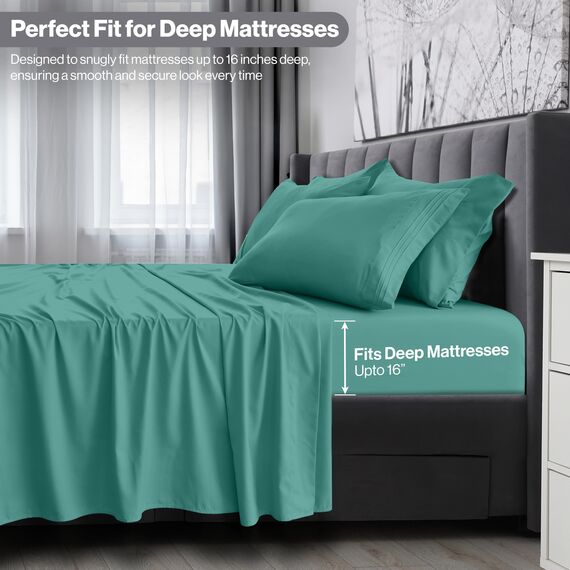 LUX Décor Bettwäsche-Set für Doppelbetten – 3-teiliges Bettwäsche-Set aus gebürsteter Mikrofaser, 40,6 cm tiefe Taschen, bestickter Kissenbezug, Hotel-Luxus-Bettwäsche-Set für Doppelbetten (Blaugrün)