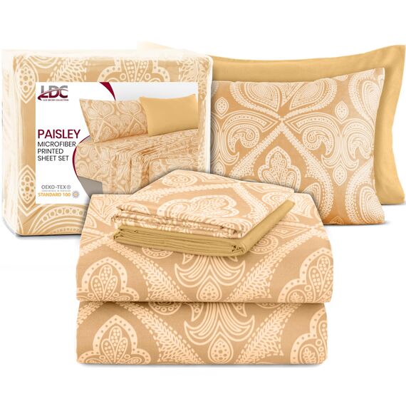 LUX Décor Paisley-King-Bettwäsche-Set, 6-teilig, ultraweiches Mikrofaser, Bettlaken mit 40,6 cm tiefem Spannbetttuch und 4 Kissenbezügen, atmungsaktiv, Schlafzimmer-Dekor, Oeko-TEX - Taupe