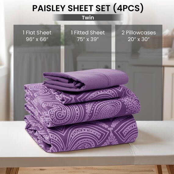 LUX Décor Paisley Bettwäsche-Set für Doppelbett, 4-teiliges ultraweiches Mikrofaser-Bettlaken mit Bettlaken, 40,6 cm tiefem Spannbetttuch und 2 Kissenbezügen, atmungsaktiv, Schlafzimmer-Dekor