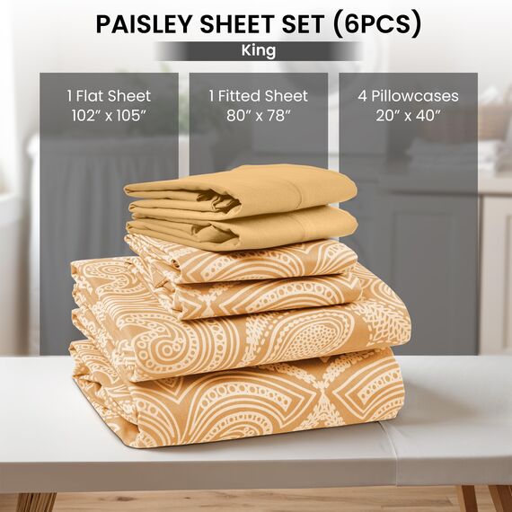 LUX Décor Paisley-King-Bettwäsche-Set, 6-teilig, ultraweiches Mikrofaser, Bettlaken mit 40,6 cm tiefem Spannbetttuch und 4 Kissenbezügen, atmungsaktiv, Schlafzimmer-Dekor, Oeko-TEX - Taupe