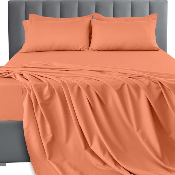 LUX Décor Bettwäsche-Set – 4-teiliges ultraweiches Mikrofaser-Bettlaken mit Bettlaken, 40,6 cm tiefem Spannbetttuch und Kissenbezügen, atmungsaktiv, Schlafzimmer-Dekor, Oeko-TEX, Korallenrot