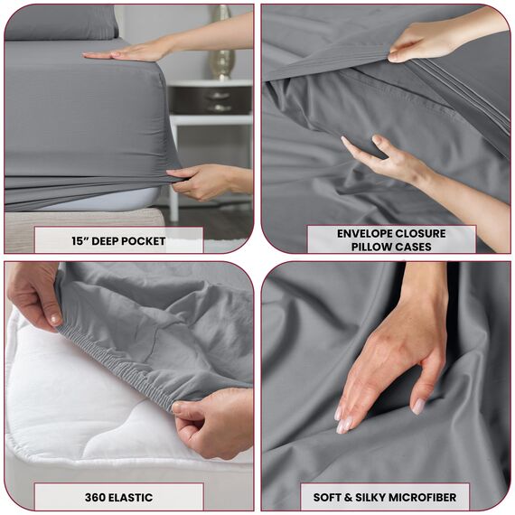 LUX Décor Bettwäsche-Set für Doppelbett, 3-teilig, gebürstete Mikrofaser, 40,6 cm tiefe Taschen, bestickter Kissenbezug, luxuriöses Hotel-Bettwäsche-Set für Doppelbetten (Dunkelgrau)