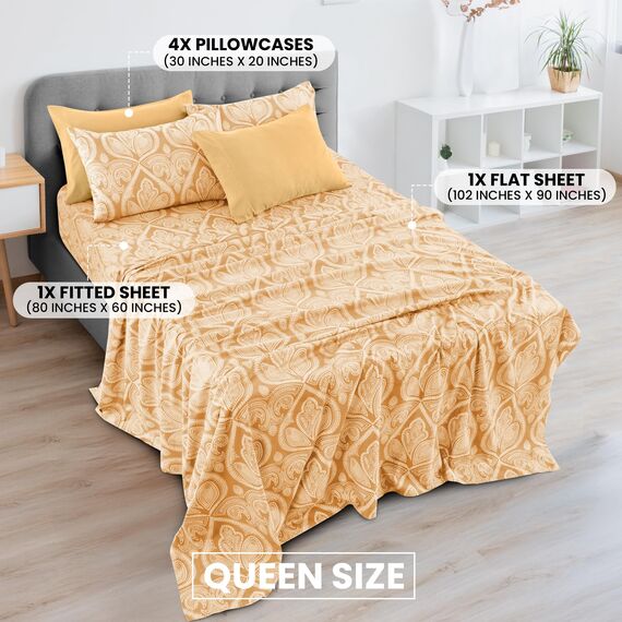 LUX Décor Paisley Queen-Bettwäsche-Set, 6-teilig, ultraweiches Mikrofaser, Bettlaken mit 40,6 cm tiefem Spannbetttuch und 4 Kissenbezügen, atmungsaktiv, Schlafzimmer-Dekor, Oeko-TEX - Taupe