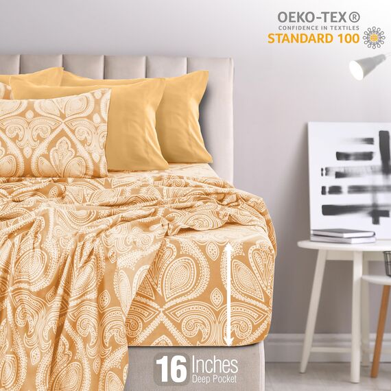 LUX Décor Paisley-King-Bettwäsche-Set, 6-teilig, ultraweiches Mikrofaser, Bettlaken mit 40,6 cm tiefem Spannbetttuch und 4 Kissenbezügen, atmungsaktiv, Schlafzimmer-Dekor, Oeko-TEX - Taupe