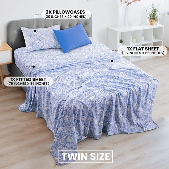 LUX Décor Paisleymuster für Doppelbett, 4-teilig, weiche Mikrofaser, knitterfrei, luxuriös Bedruckte Bettlaken mit Bettlaken, Spannbetttuch mit tiefen Taschen und 2 Kissenbezügen, Weiß/Blau