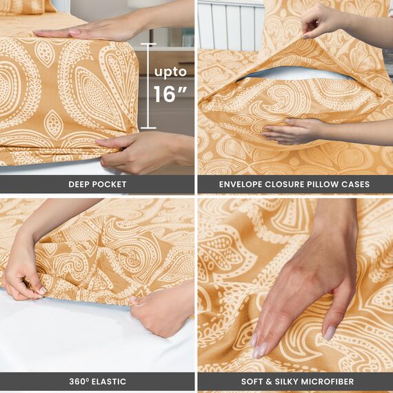 LUX Décor Paisley Queen-Bettwäsche-Set, 6-teilig, ultraweiches Mikrofaser, Bettlaken mit 40,6 cm tiefem Spannbetttuch und 4 Kissenbezügen, atmungsaktiv, Schlafzimmer-Dekor, Oeko-TEX - Taupe