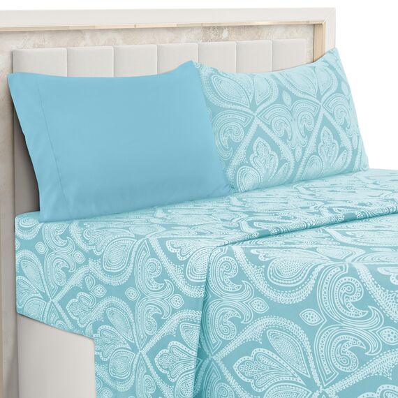 LUX Décor Paisley Twin XL Bettlaken-Set, 4-teiliges ultraweiches Mikrofaser-Bettlaken mit Bettlaken, 40,6 cm tiefem Spannbetttuch und 2 Kissenbezügen, atmungsaktiv, Schlafzimmer-Dekor, Oeko-TEX - Blau