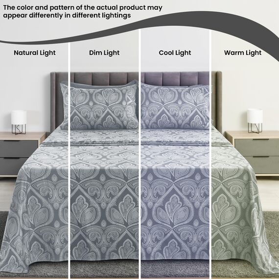 LUX Décor Paisley Twin XL Bettlaken-Set, 4-teiliges ultraweiches Mikrofaser-Bettlaken mit Bettlaken, 40,6 cm tiefem Spannbetttuch und 2 Kissenbezügen, atmungsaktiv, Schlafzimmer-Dekor, Oeko-Tex, Grau
