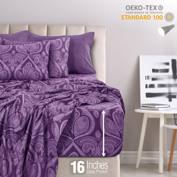 Lux Decor Collection LDC Bettlaken – 6 Stück Queen-Size-Bettlaken – hohe g/m² gebürstete Mikrofaser – bis zu 40,6 cm Tiefe Taschen Bettwäsche und Kissenbezüge (Queen, Paisley Lila)