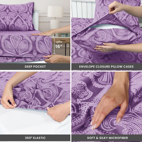 Lux Decor Collection LDC Bettlaken – 6 Stück Queen-Size-Bettlaken – hohe g/m² gebürstete Mikrofaser – bis zu 40,6 cm Tiefe Taschen Bettwäsche und Kissenbezüge (Queen, Paisley Lila)