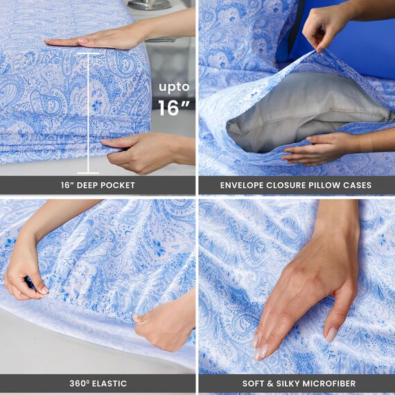 LUX Décor Paisleymuster für Doppelbett, 4-teilig, weiche Mikrofaser, knitterfrei, luxuriös Bedruckte Bettlaken mit Bettlaken, Spannbetttuch mit tiefen Taschen und 2 Kissenbezügen, Weiß/Blau