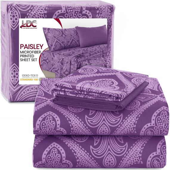 LUX Décor Paisley Bettwäsche-Set für Doppelbett, 4-teiliges ultraweiches Mikrofaser-Bettlaken mit Bettlaken, 40,6 cm tiefem Spannbetttuch und 2 Kissenbezügen, atmungsaktiv, Schlafzimmer-Dekor