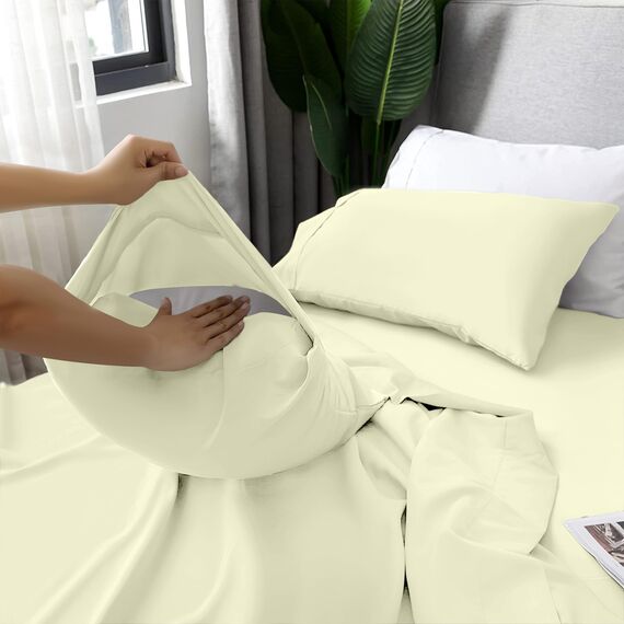 LUX Décor Bettwäsche-Set für Doppelbett, 3-teilig, gebürstete Mikrofaser, 40,6 cm tiefe Taschen, bestickter Kissenbezug, luxuriöses Hotel-Bettwäsche-Set für Doppelbett, Vanille