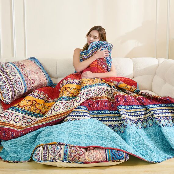 WONGS Bedding Böhmisches Bettwäsche-Set für Queensize-Betten, Boho-Streifenmuster, Bedruckte Bettdecke für alle Jahreszeiten, weiche Mikrofaser, Set 228.6x243.8 cm (3-teilig, Queensize-Bett)